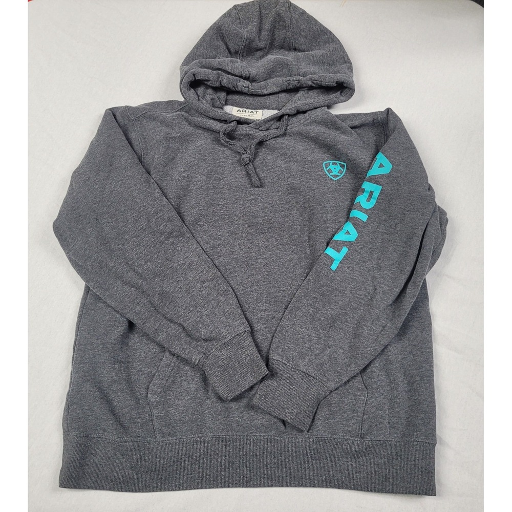 Ariat Women's Logo Pullover Hoodie Charcoal Grey Turquoise Teal Sleeve Print L